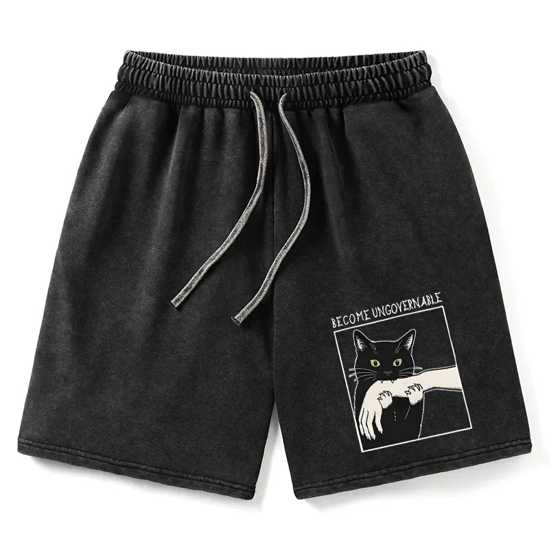 Kyoto-Lion Black Cat Biting Washed Shorts