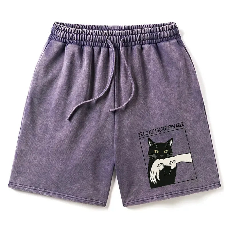 Kyoto-Lion Black Cat Biting Washed Shorts