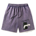 Kyoto-Lion Black Cat Biting Washed Shorts