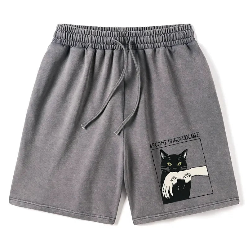Kyoto-Lion Black Cat Biting Washed Shorts