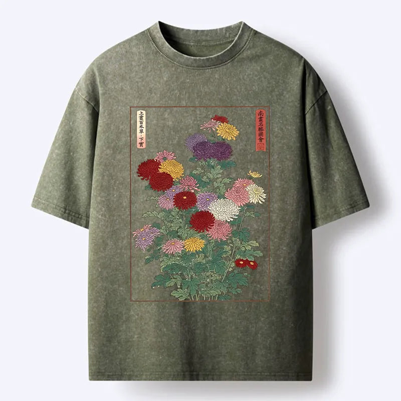 Kyoto-Lion Traditional Bloom Print Washed T-Shirt