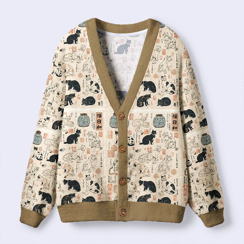 Kyoto-Lion Whiskers in Ukiyoe Ugly Cardigan Sweater