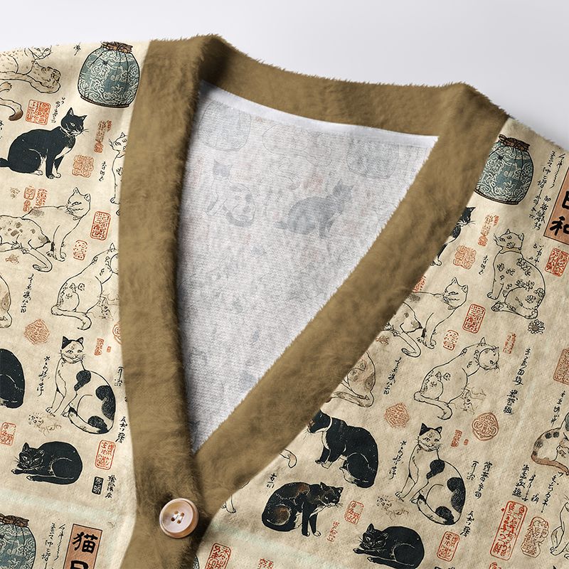 Kyoto-Lion Whiskers in Ukiyoe Ugly Cardigan Sweater