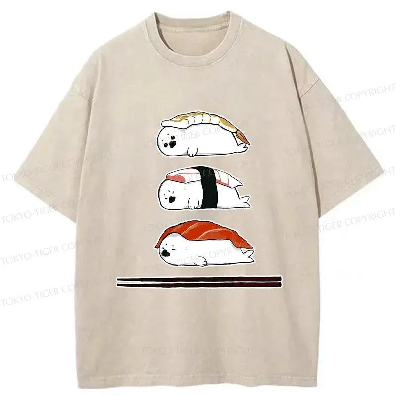 Kyoto-Lion Cute Seal Sushi Washed T-Shirt