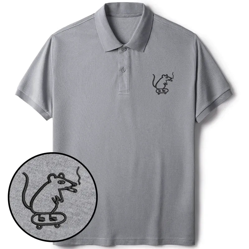 Kyoto-Lion Funny Mouse On Skateboard Embroidered Polo T-Shirt