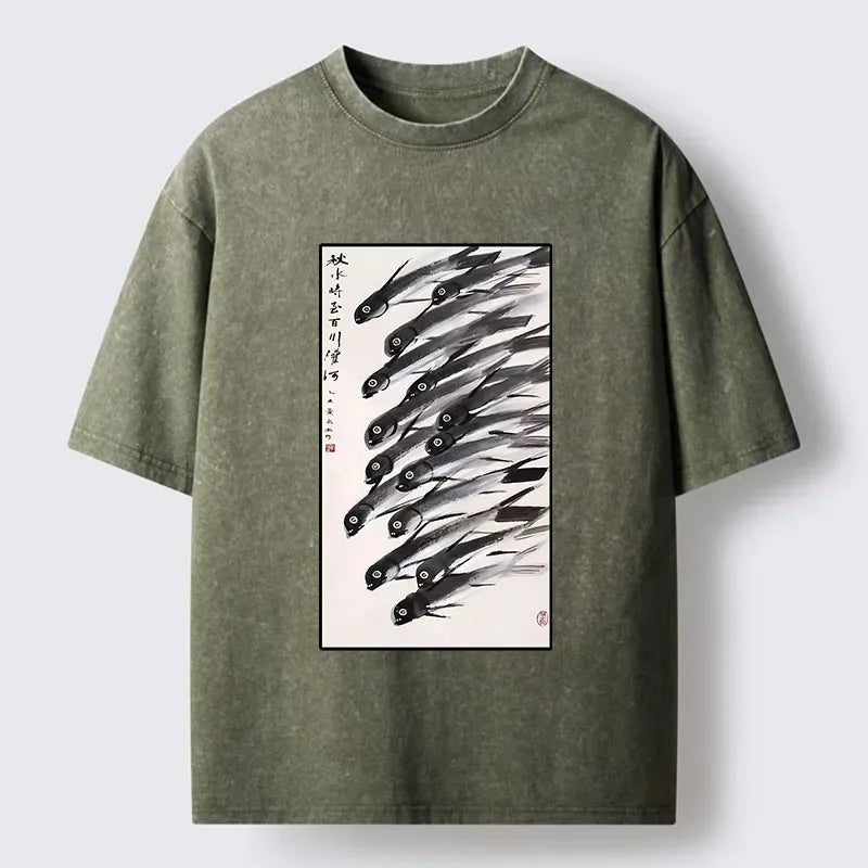 Kyoto-Lion Ink Fish Art Washed T-Shirt
