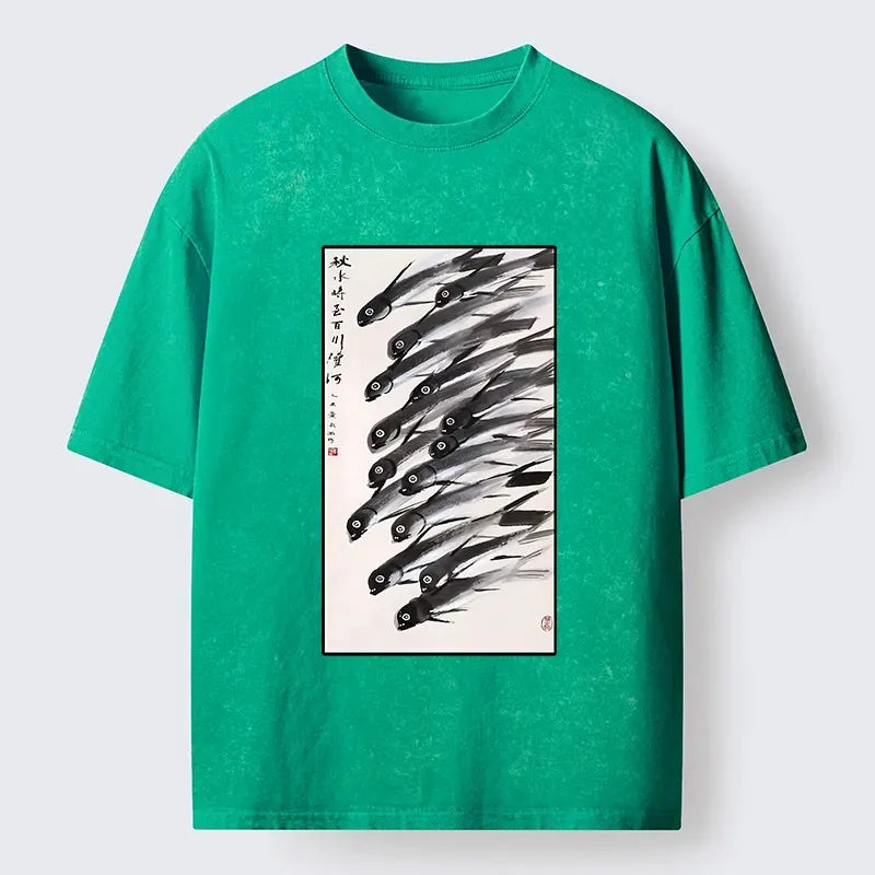 Kyoto-Lion Ink Fish Art Washed T-Shirt