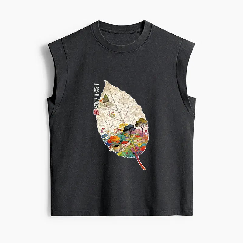 Kyoto-Lion One Leaf Holds A Tiny Colorful World Women's Washed Tank Tops