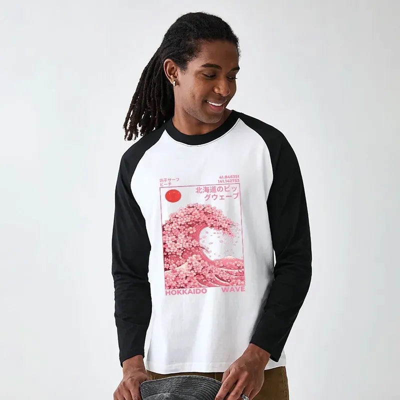 Kyoto-Lion Sakura Wave Raglan Long Sleeve T-shirt