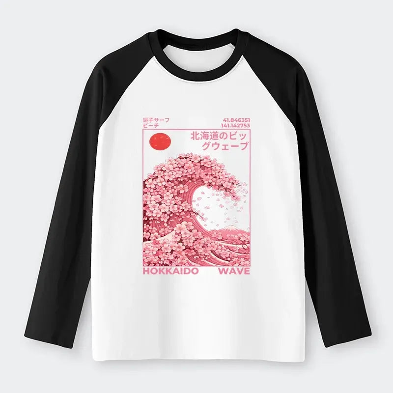 Kyoto-Lion Sakura Wave Raglan Long Sleeve T-shirt