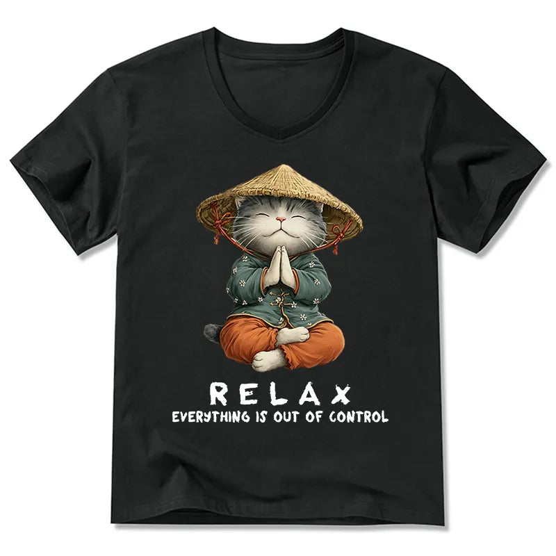 Kyoto-Lion Zen Relax Cat Graphic V-Neck Classic T-Shirt