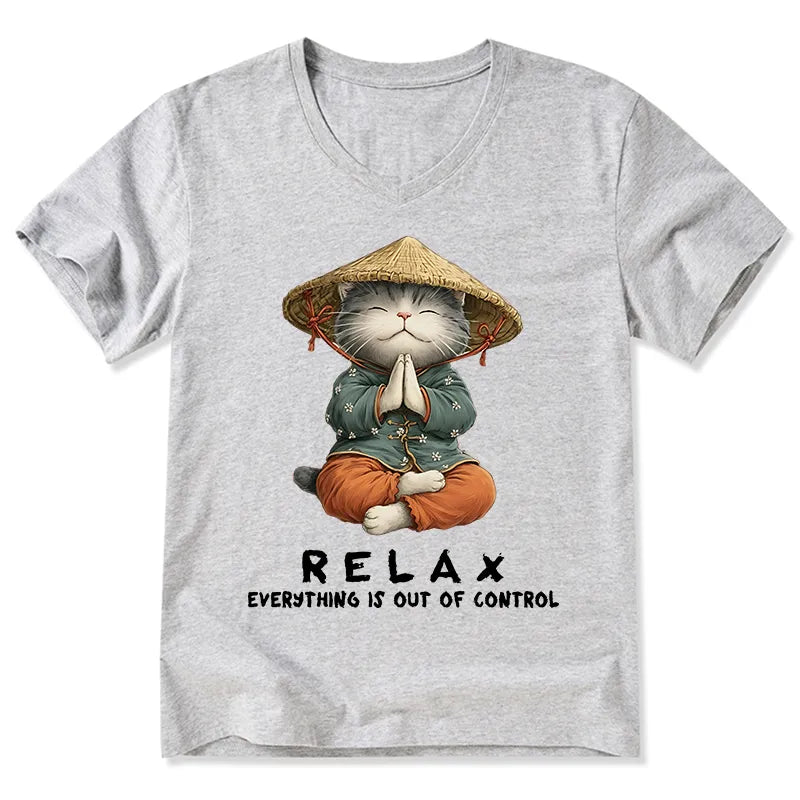 Kyoto-Lion Zen Relax Cat Graphic V-Neck Classic T-Shirt