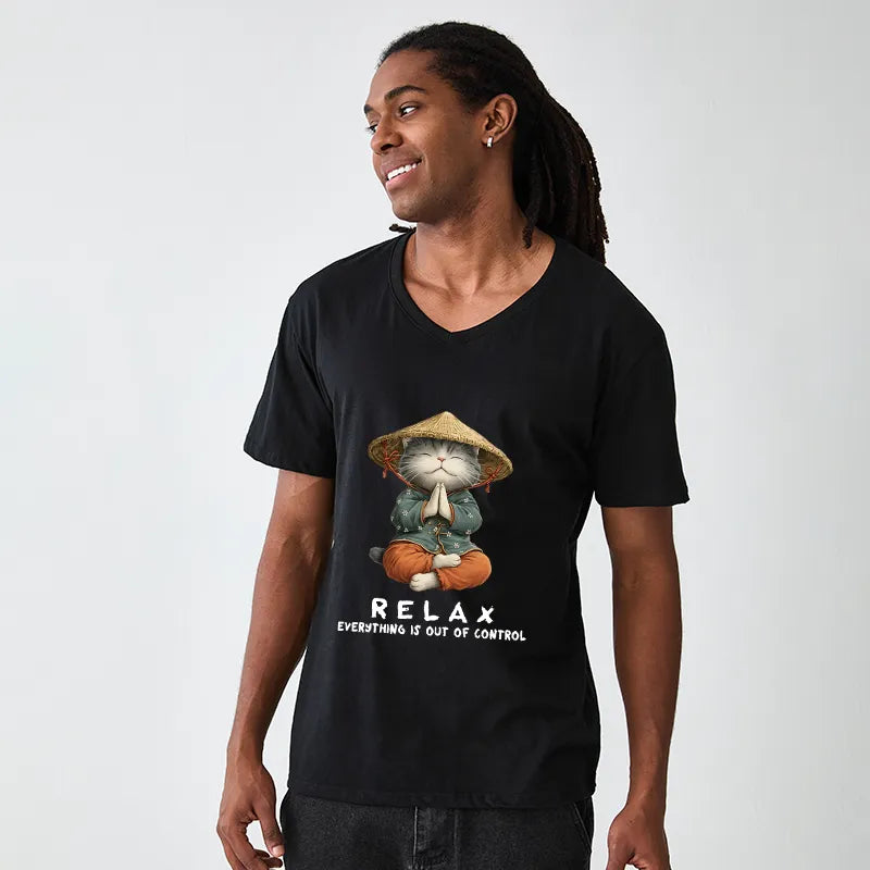 Kyoto-Lion Zen Relax Cat Graphic V-Neck Classic T-Shirt