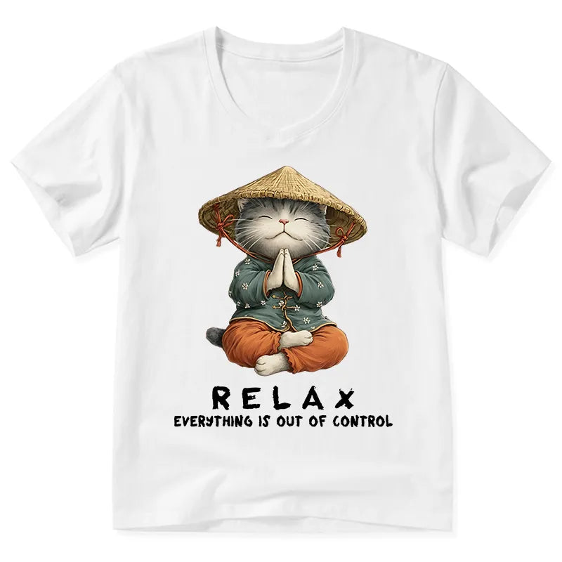 Kyoto-Lion Zen Relax Cat Graphic V-Neck Classic T-Shirt