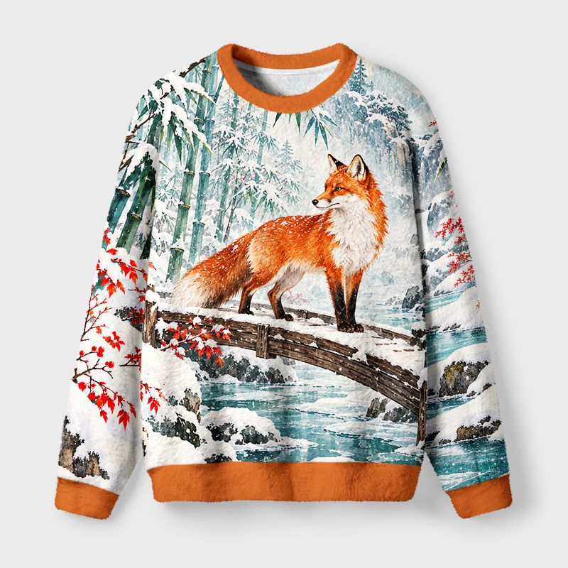 Kyoto-Lion Winter Fox Art Fuzzy Christmas Ugly Sweatshirt