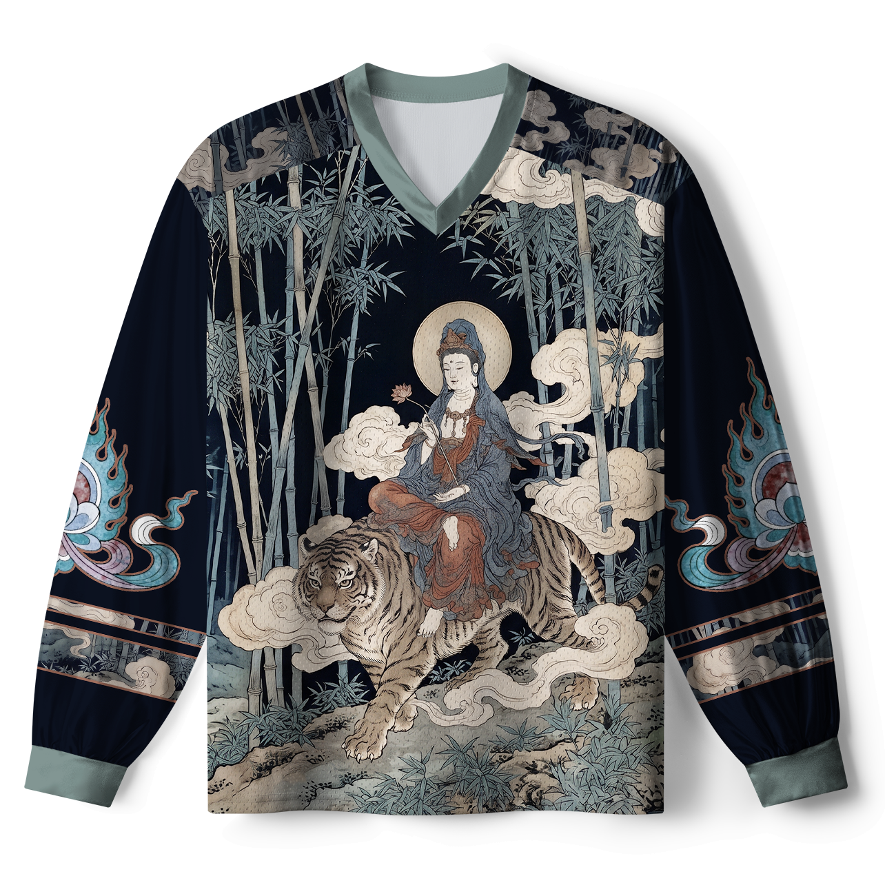 Kyoto-Lion Vintage Oriental Guanyin Tiger Bamboo Zen Paneled Long Sleeve Jersey