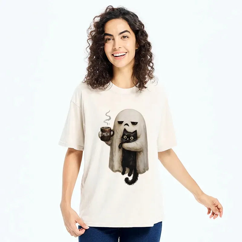Kyoto-Lion Ghost Cat Coffee Mood Washed T-Shirt
