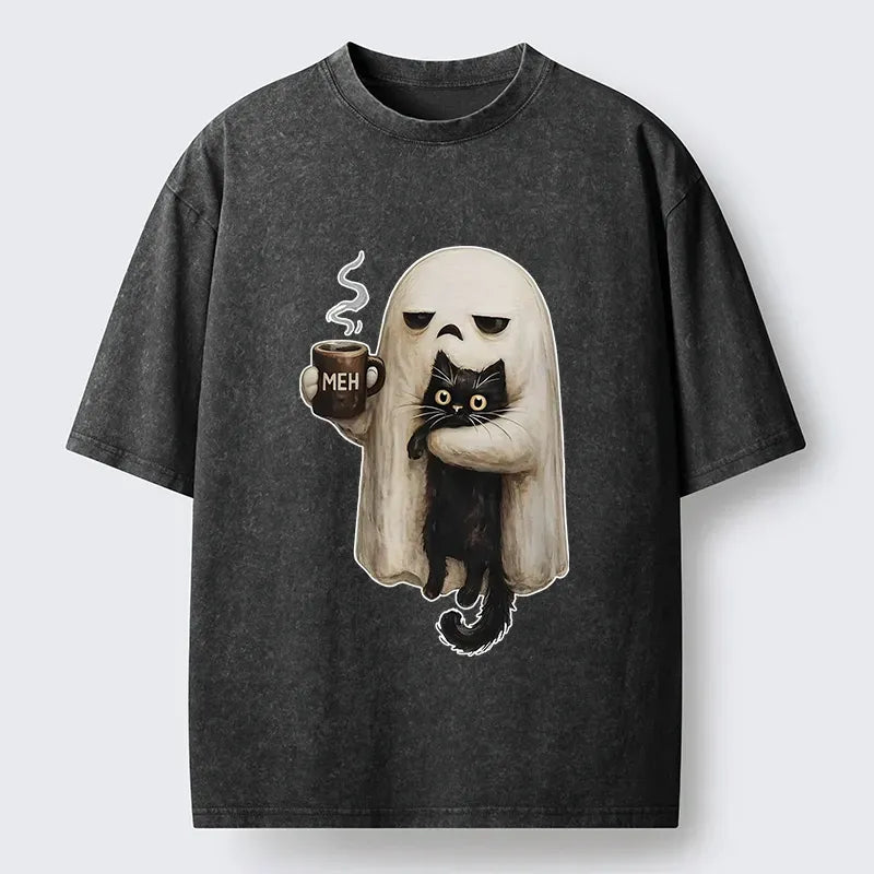 Kyoto-Lion Ghost Cat Coffee Mood Washed T-Shirt