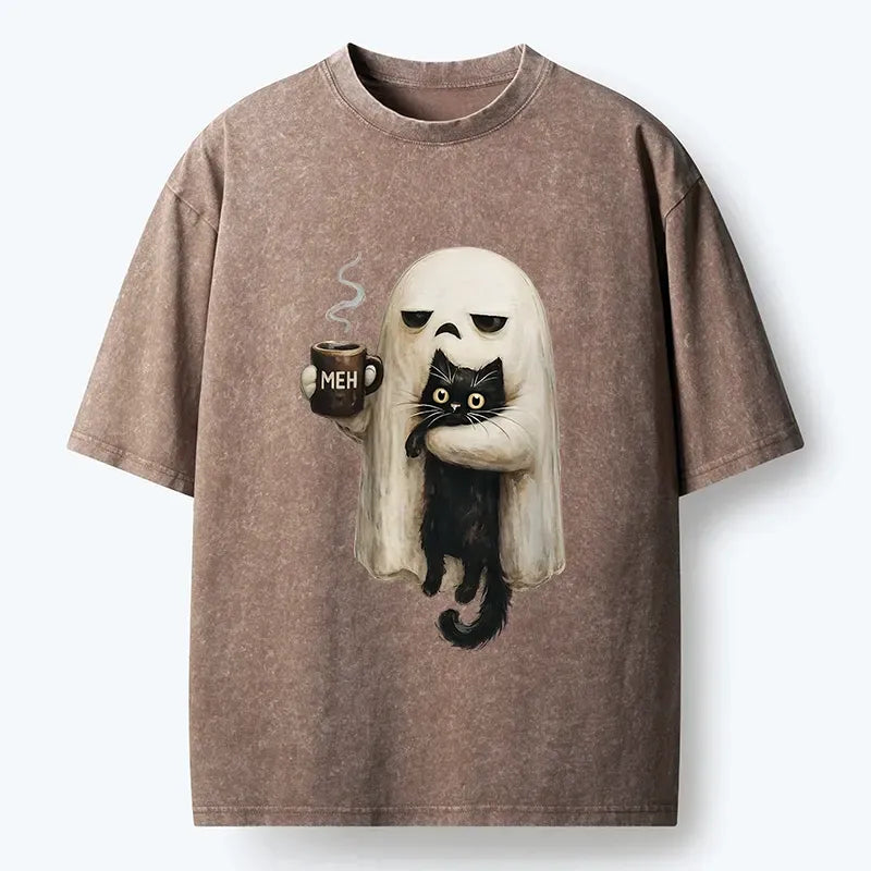 Kyoto-Lion Ghost Cat Coffee Mood Washed T-Shirt