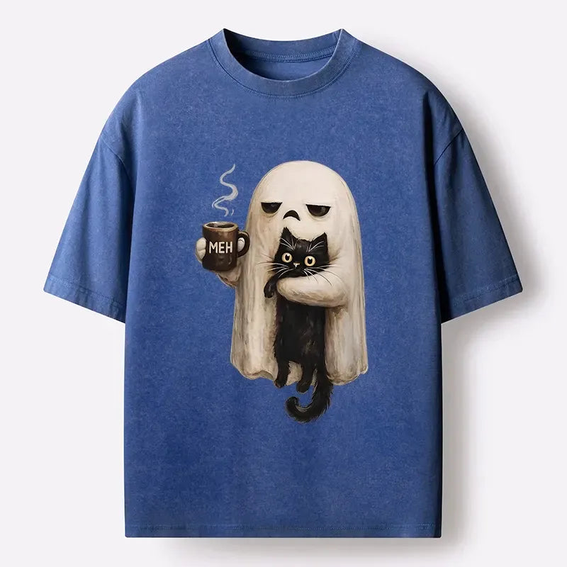Kyoto-Lion Ghost Cat Coffee Mood Washed T-Shirt