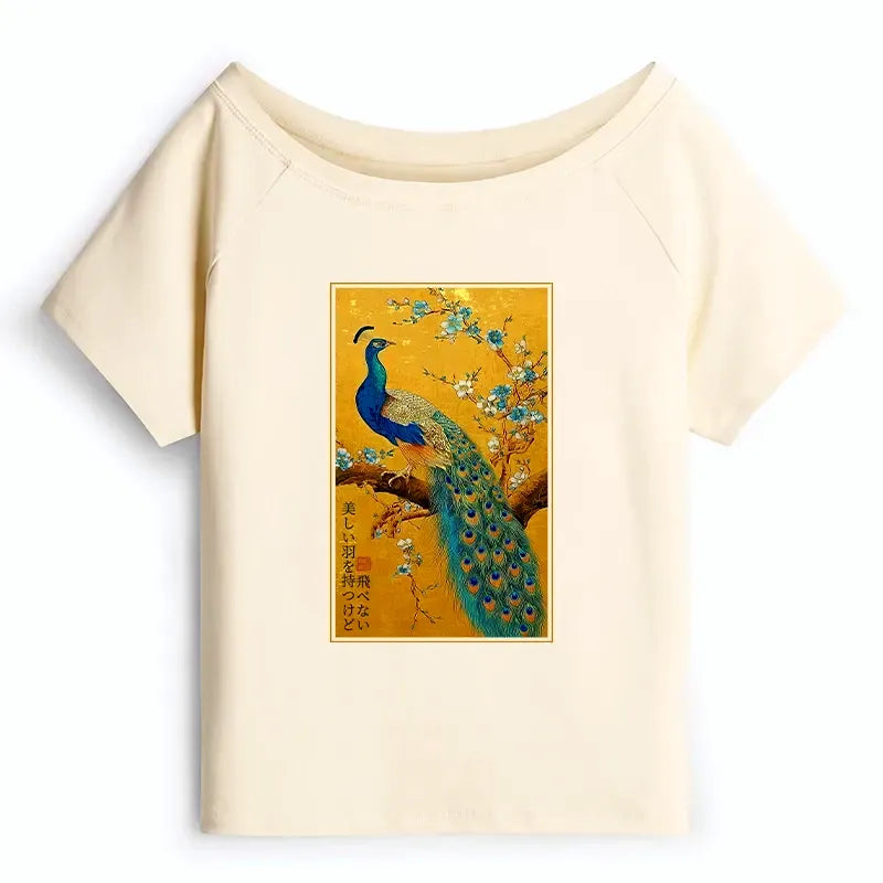 Kyoto-Lion The Peacock's Silent Elegance Off Shoulder T-Shirt