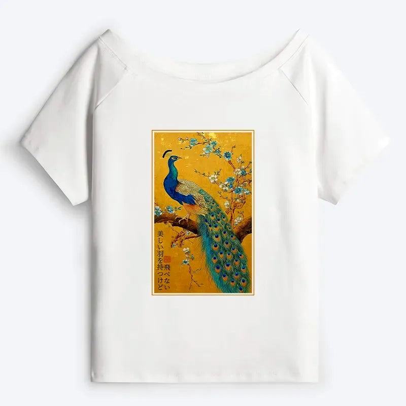 Peacock Watercolor Off Shoulder T-Shirt Gift Idea