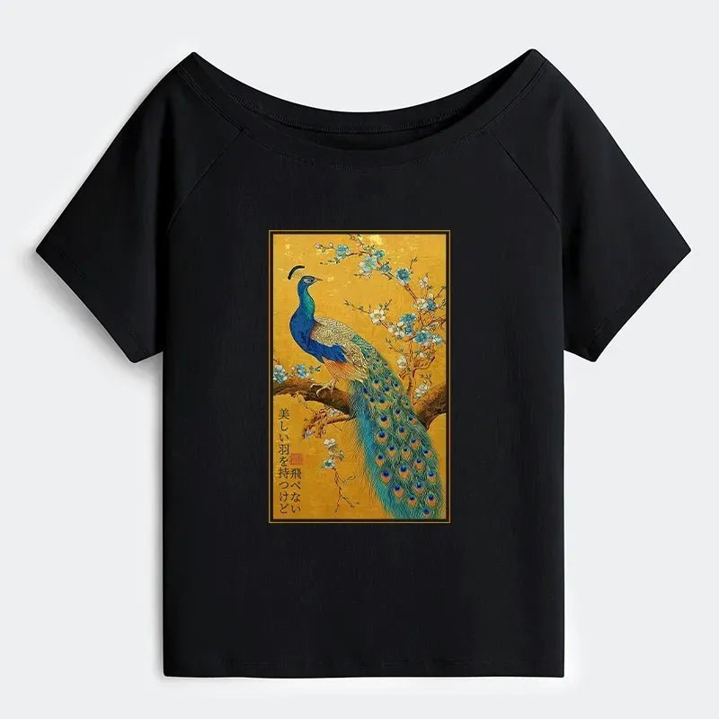 Peacock Watercolor Off Shoulder T-Shirt Gift Idea