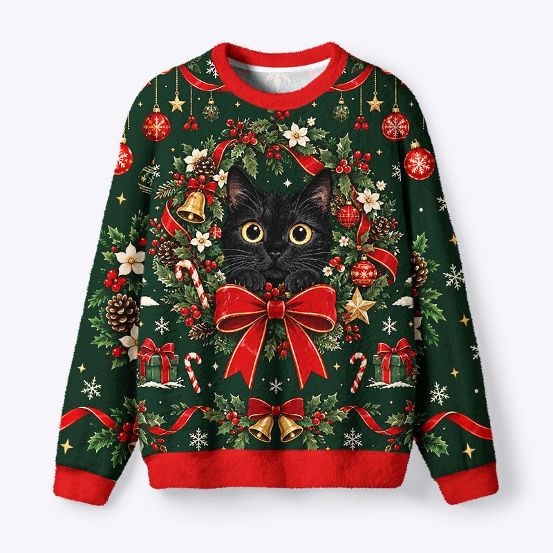 Kyoto-Lion Holly Bell Black Cat Fuzzy Christmas Ugly Sweatshirt