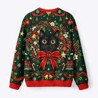 Kyoto-Lion Holly Bell Black Cat Fuzzy Christmas Ugly Sweatshirt