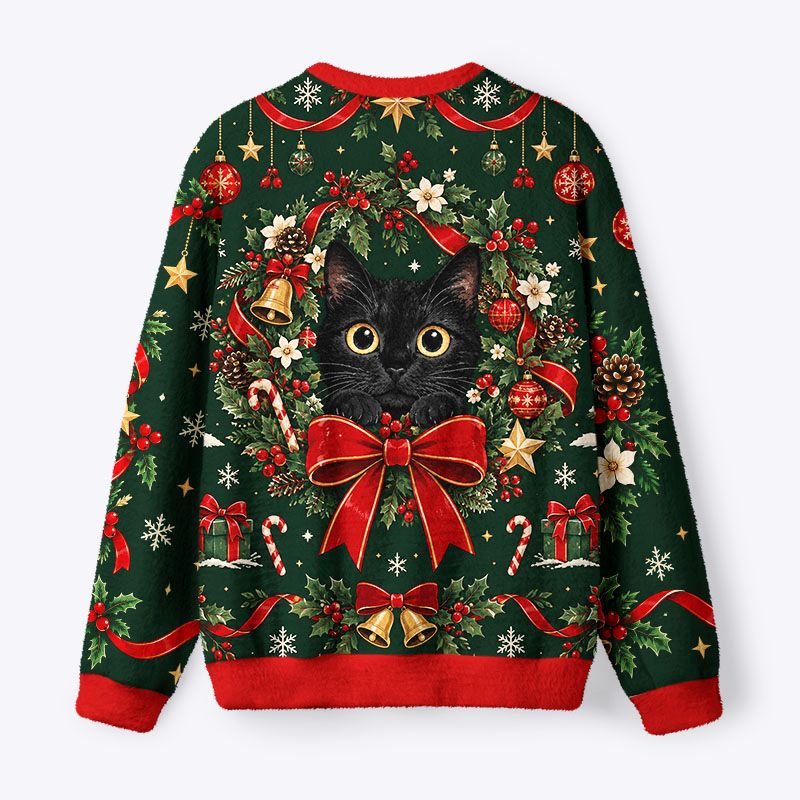 Kyoto-Lion Holly Bell Black Cat Fuzzy Christmas Ugly Sweatshirt