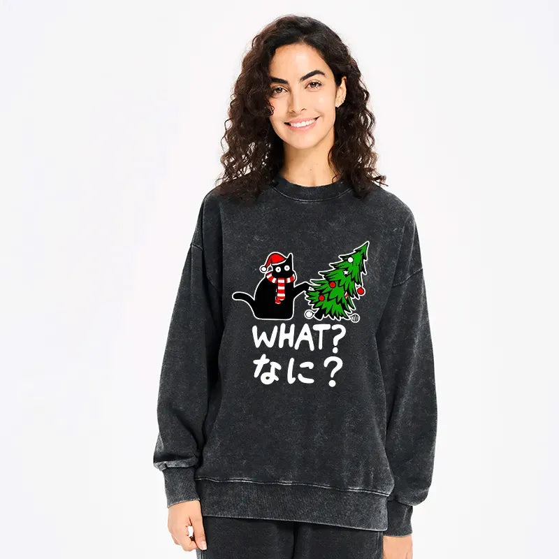 Kyoto-Lion Naughty Cat Christmas Washed Sweatshirt