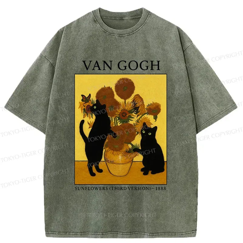 Kyoto-Lion Sunflower And Cat Washed T-Shirt