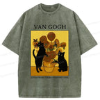 Kyoto-Lion Sunflower And Cat Washed T-Shirt