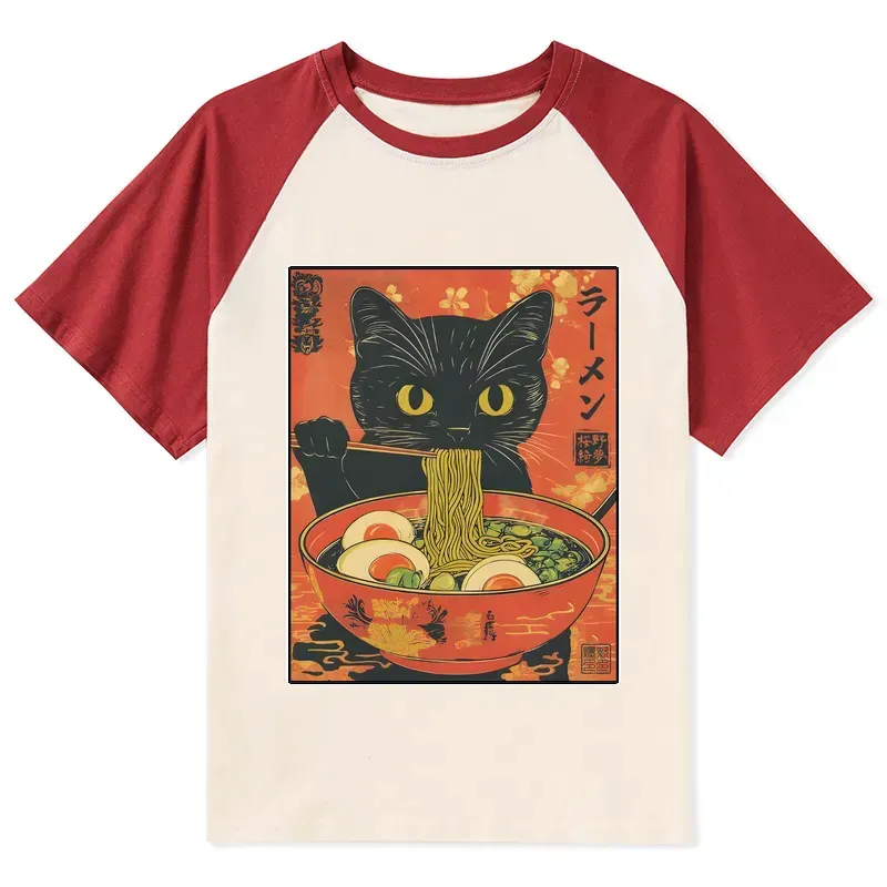 Kyoto-Lion Hungry Black Cat Loves Ramen Raglan T-shirt