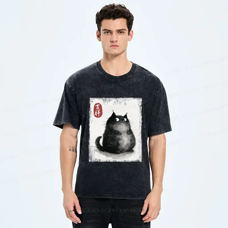 japanese ink painting black cat t-shirt