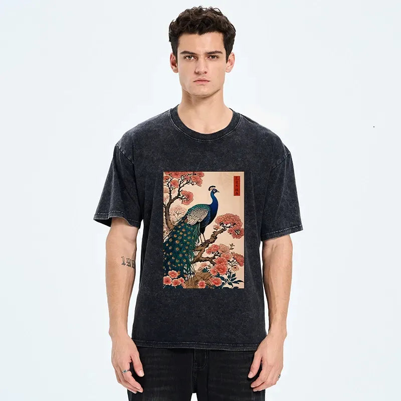 Kyoto-Lion Vintage Peacock Ukiyoe Print Washed T-Shirt