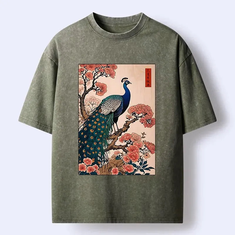 Kyoto-Lion Vintage Peacock Ukiyoe Print Washed T-Shirt