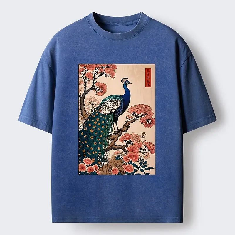 Kyoto-Lion Vintage Peacock Ukiyoe Print Washed T-Shirt