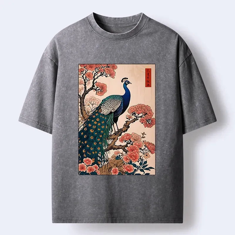 Kyoto-Lion Vintage Peacock Ukiyoe Print Washed T-Shirt