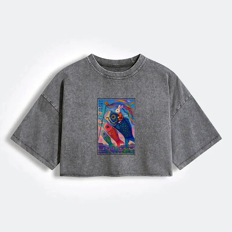 Kyoto-Lion Ukiyoe Rabbit Ride Carp streamer Poster Women's Washed Crop T-Shirt