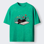 Kyoto-Lion Black Cat Reading Washed T-Shirt