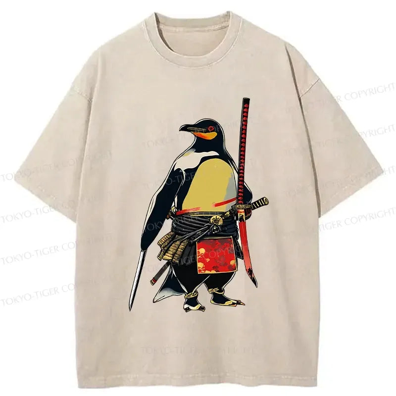 Japanese samurai penguin washed t-shirt