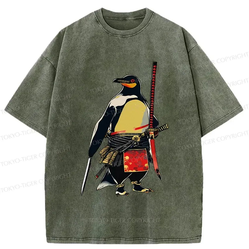 Japanese samurai penguin washed t-shirt