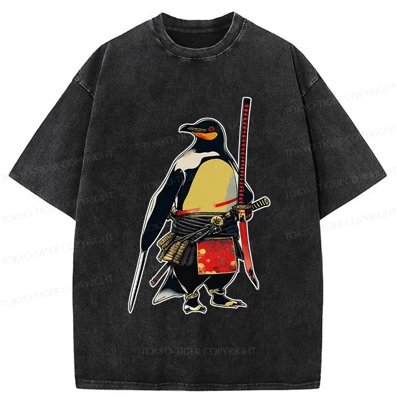 Japanese samurai penguin washed t-shirt