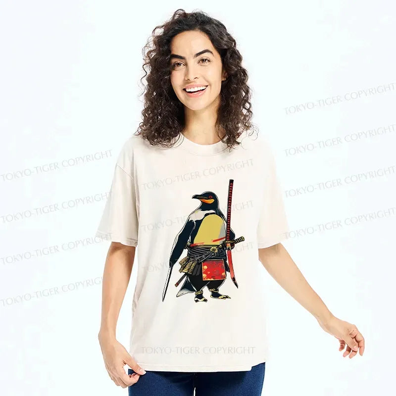 Japanese samurai penguin washed t-shirt