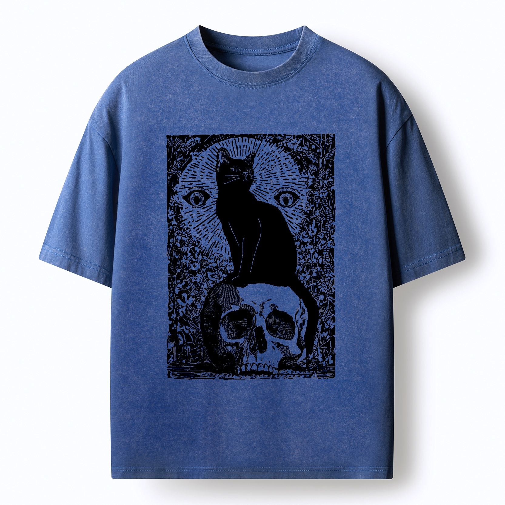 Kyoto-Lion Black Cat Sitting On The Skull Washed T-Shirt