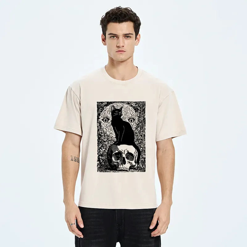 Vintage Japanese Black Cat Skull T-Shirt