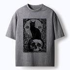 Kyoto-Lion Black Cat Sitting On The Skull Washed T-Shirt
