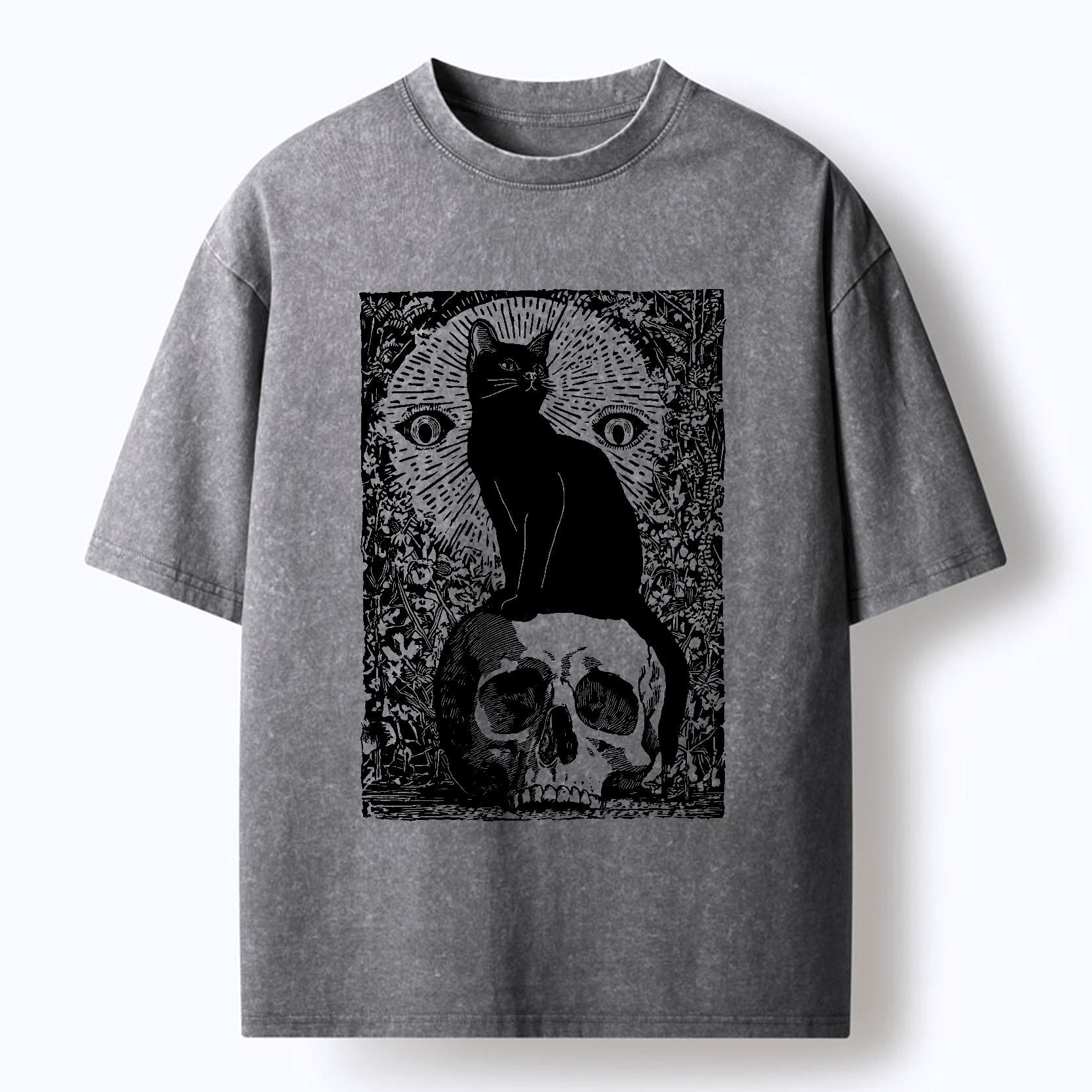Kyoto-Lion Black Cat Sitting On The Skull Washed T-Shirt