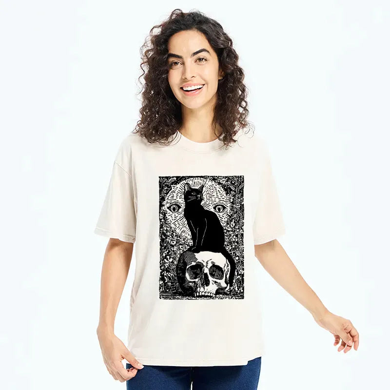 Vintage Japanese Black Cat Skull T-Shirt